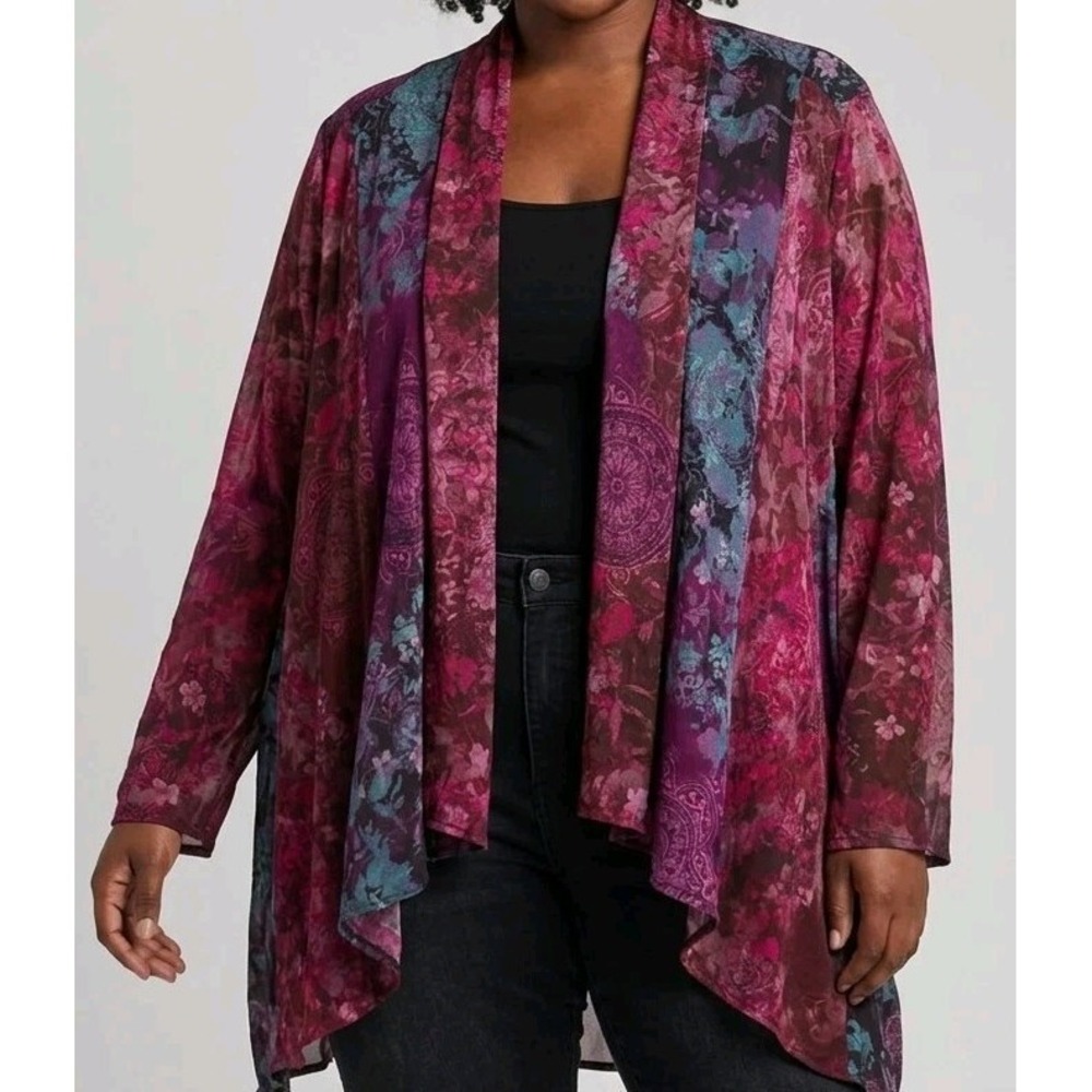 Soft Surroundings Ballia Open Front Cardigan 3X Whimsical Floral Contrast Lining
